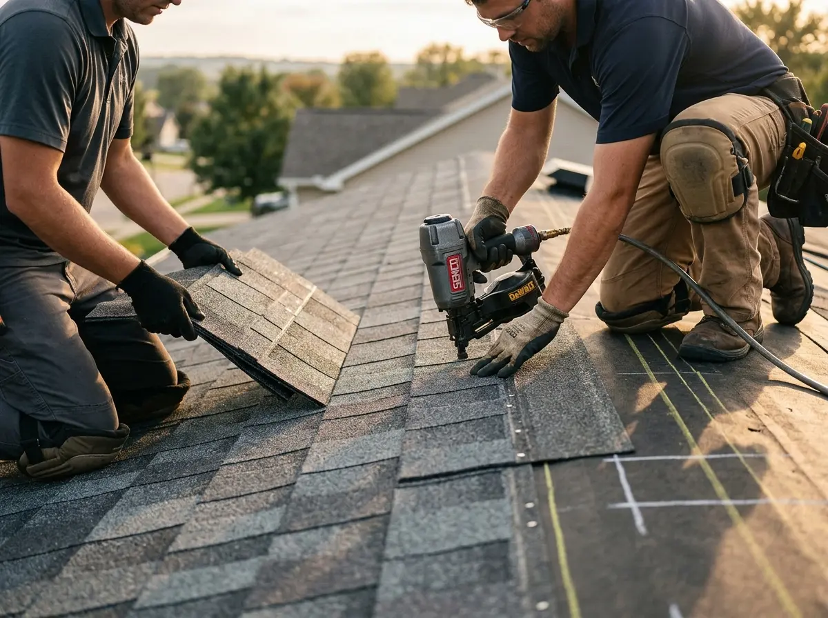 Professional roofer working on a residential roof in Owego